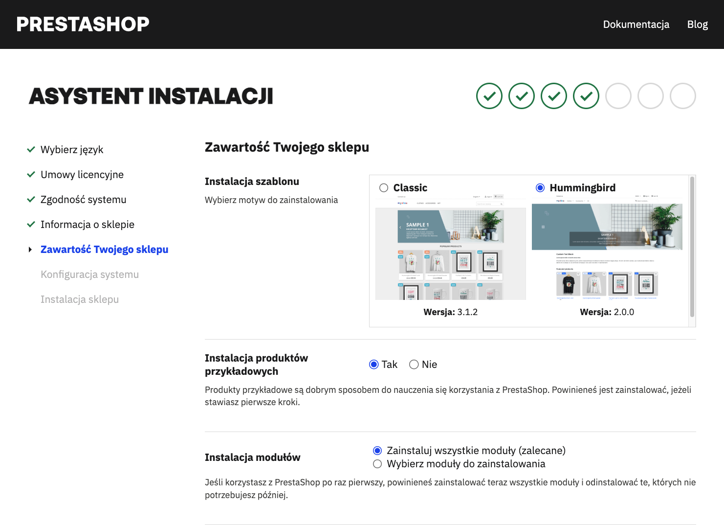 Instalator: motyw Hummingbird i produkty demo