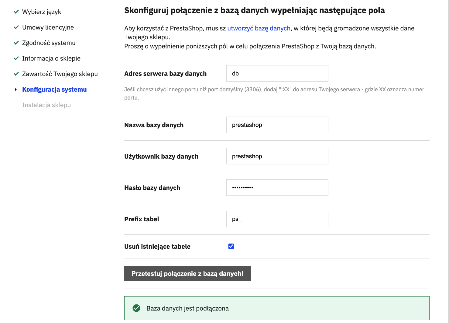 Połączenie z bazą zweryfikowane