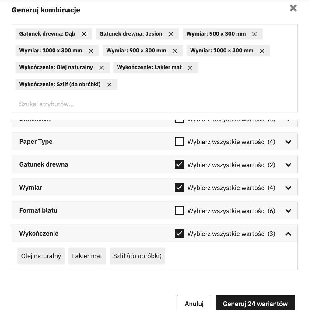Generator kombinacji - trzy grupy zaznaczone