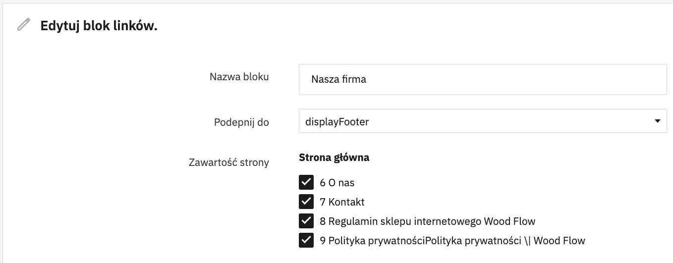 Edycja bloku linków w stopce