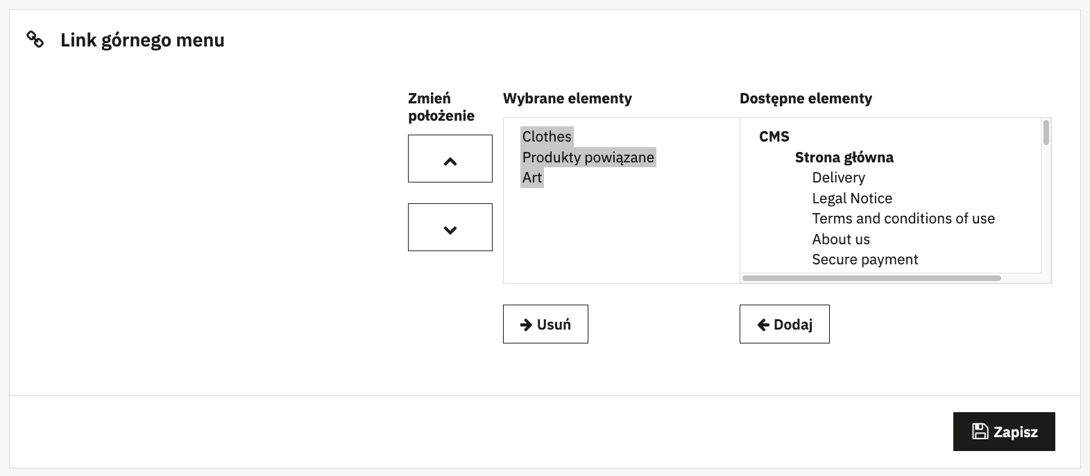 Menu przed zmianą