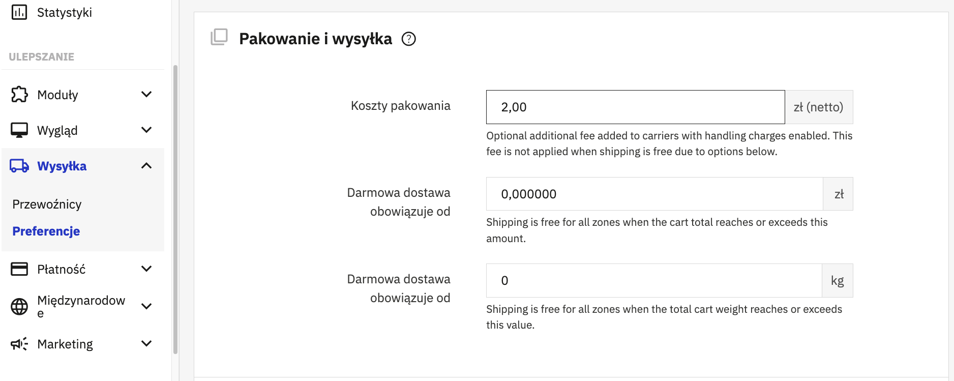 Preferencje wysyłki