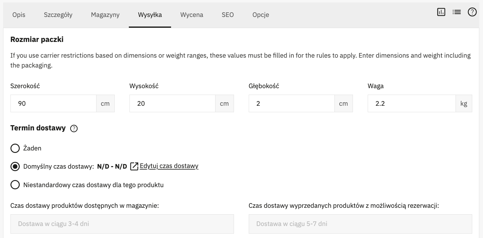 Waga i wymiary paczki