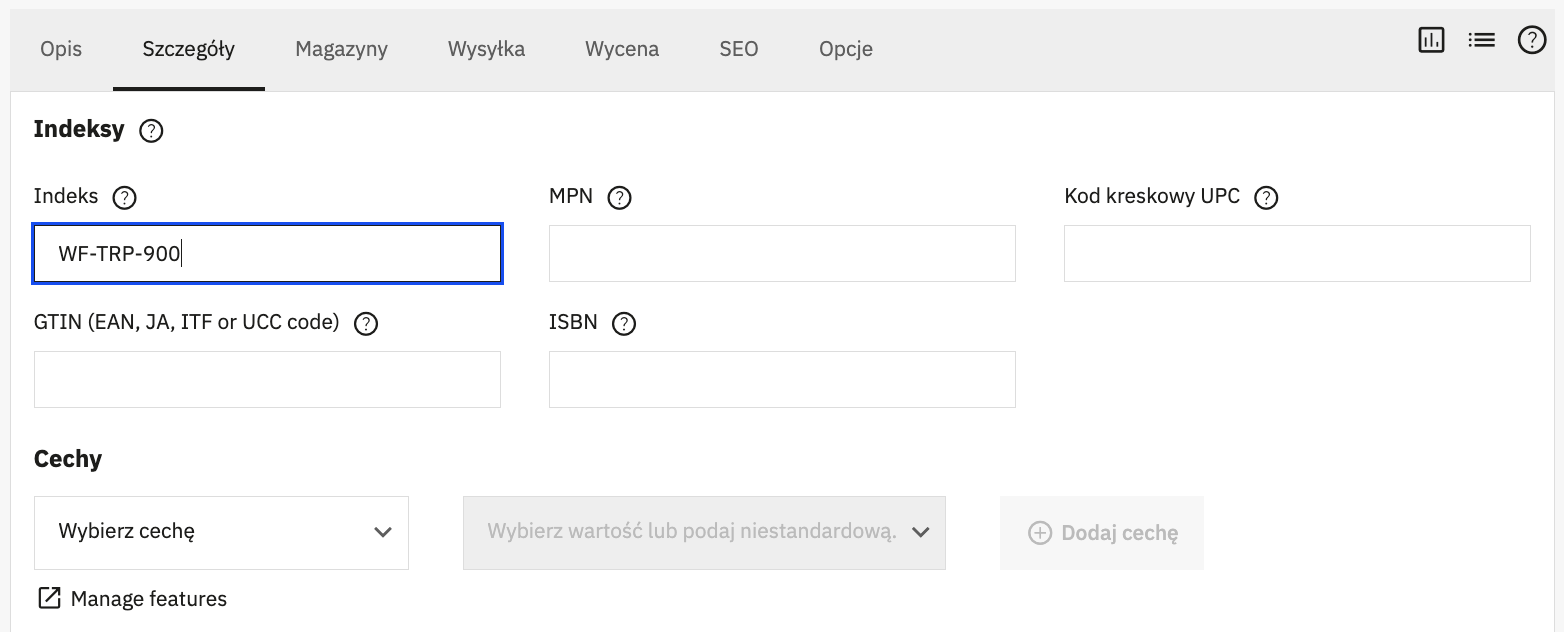 Indeks SKU produktu