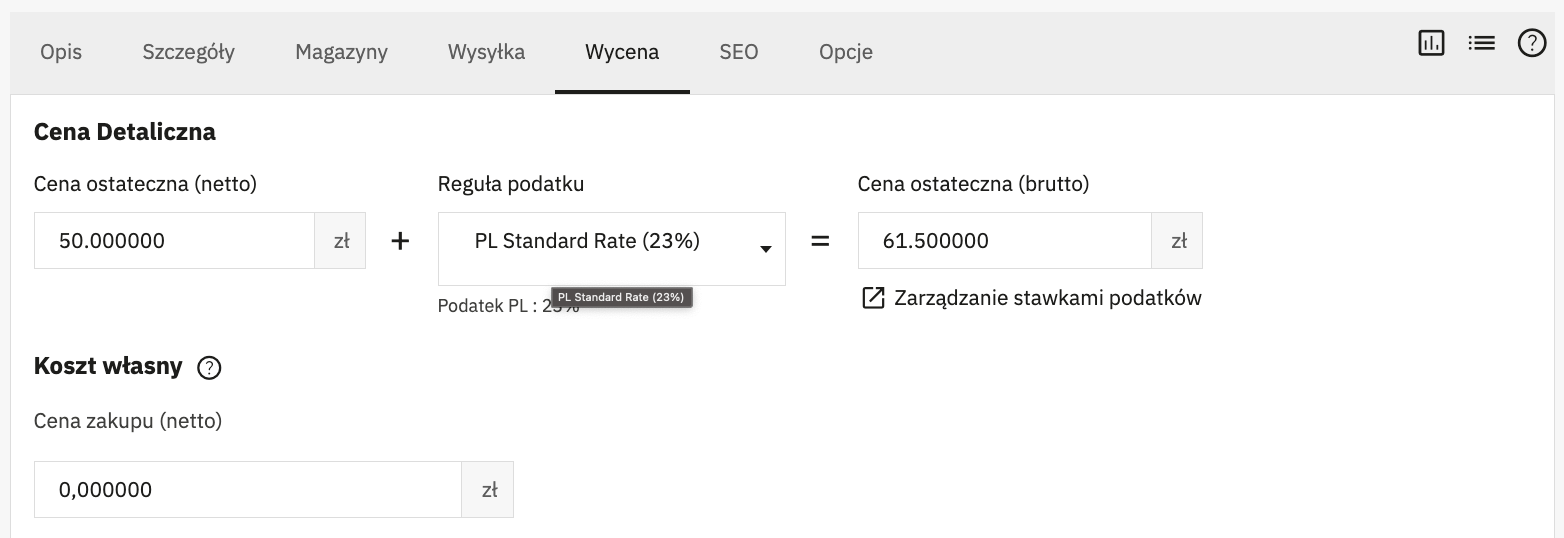 Cena i podatek produktu