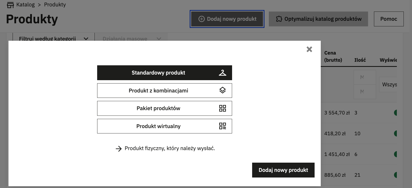 Wybór typu produktu