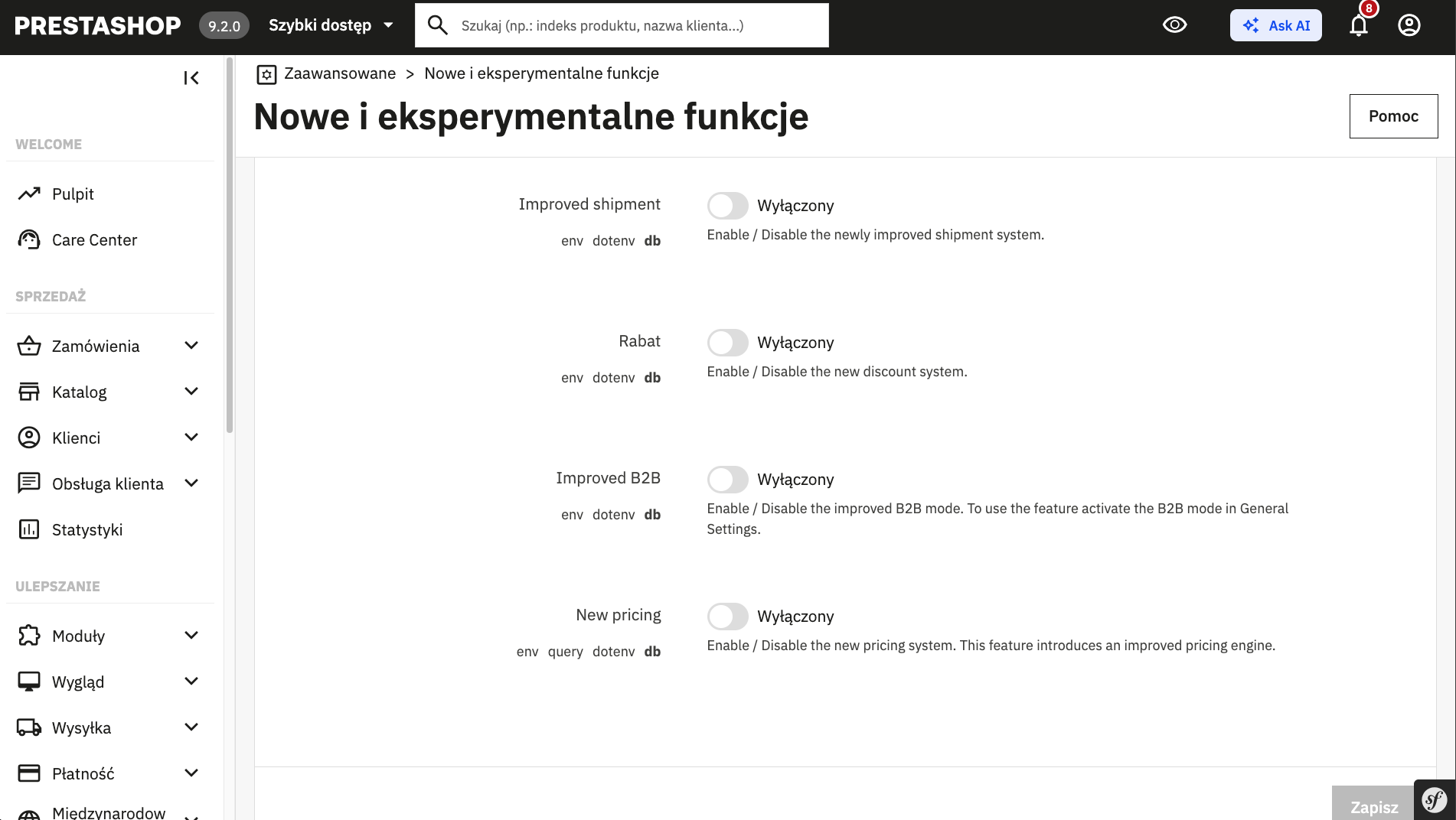 Panel nowych i eksperymentalnych funkcji PrestaShop 9.2 z flagami multi-wysyłki, rabatów i B2B