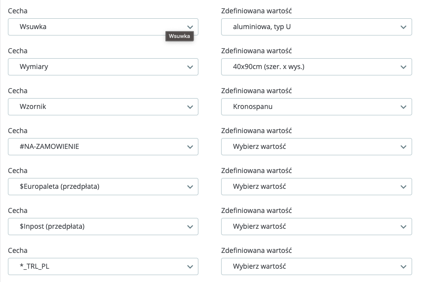 Karta produktu: cechy #NA-ZAMOWIENIE, kurierzy z przedpłatą i widoczność tylko w sklepie PL