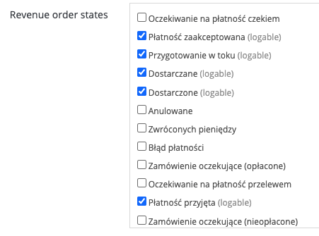 Product Trace — wybór statusów zamówień liczonych do przychodu w Back Office