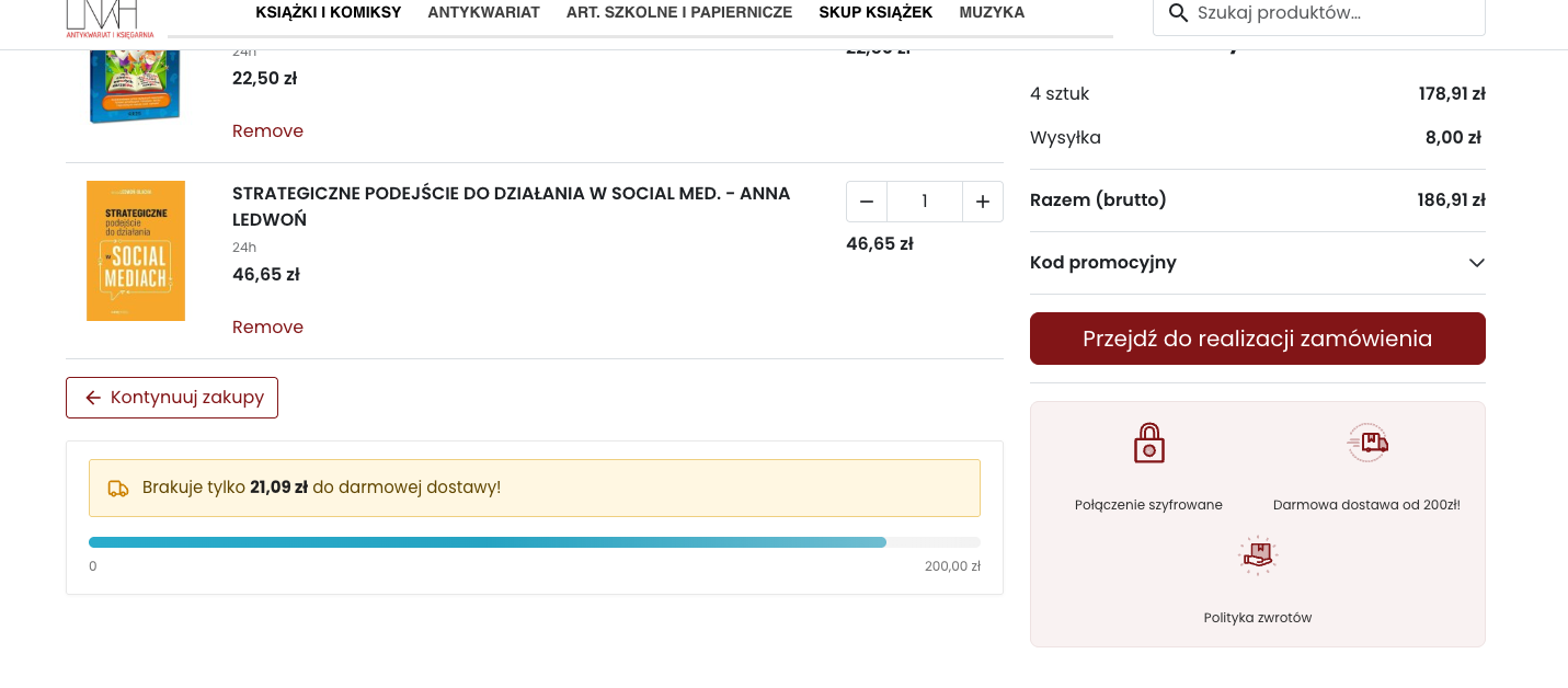 Informacja o progu darmowej dostawy w sklepie Unikat