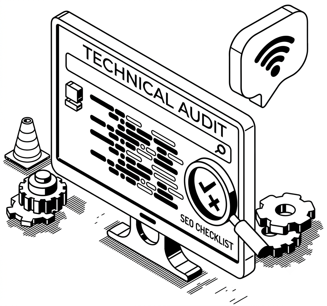 Ilustracja technicznego audytu SEO — checklista i przegląd sklepu